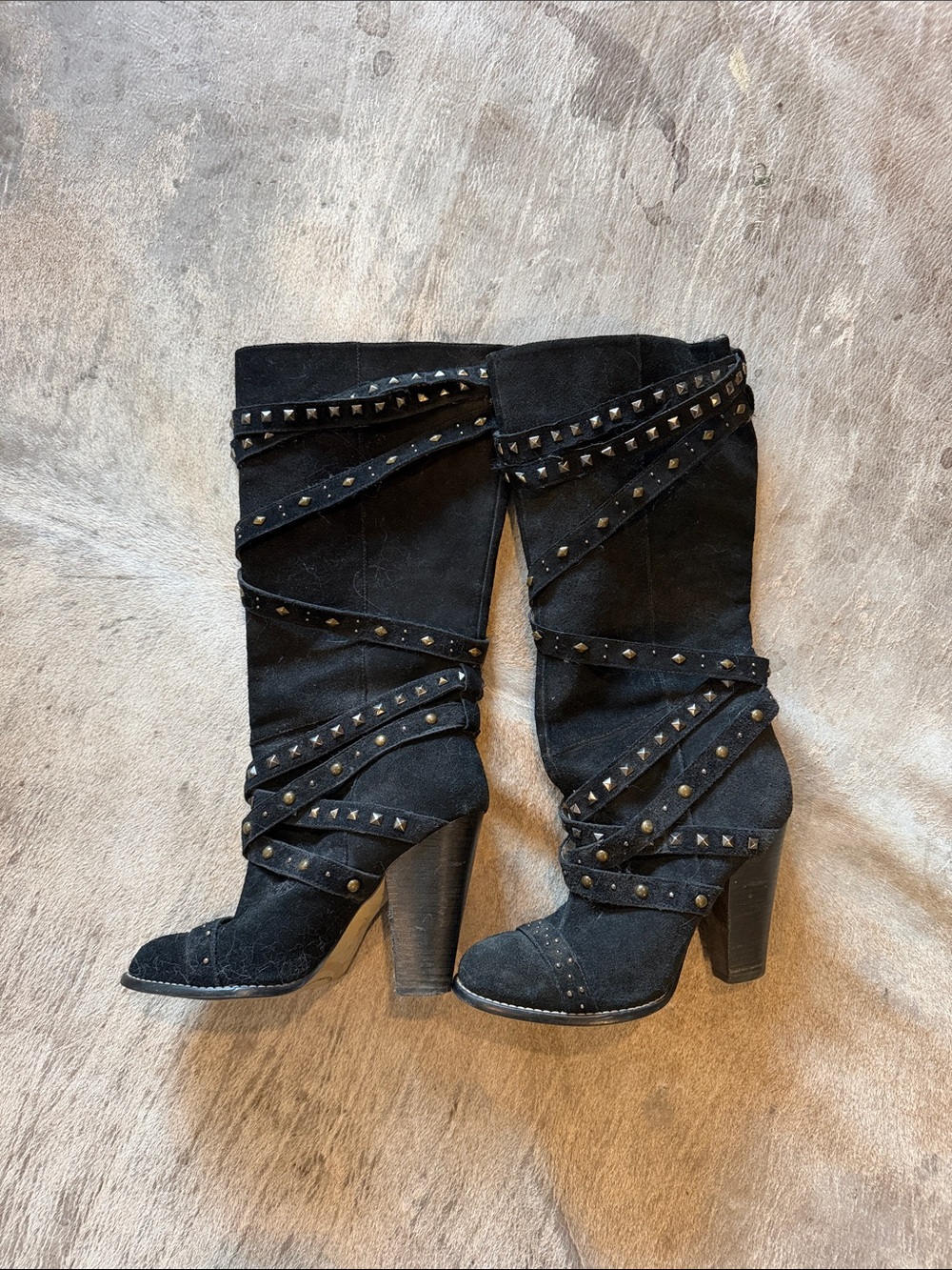 RACHEL Rachel Roy Black Studded Suede Mid-Calf Heeled Boots